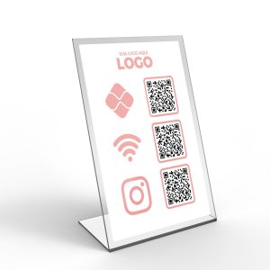 Display de Mesa em Acrílico Espelhado – Personalizado com QR Code PIX e Redes Sociais